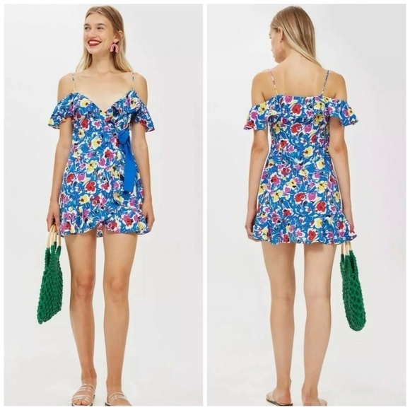 Topshop Floral True Wrap Dress Blue Ruffle Trim Hem Size 6 - Picture 1 of 9